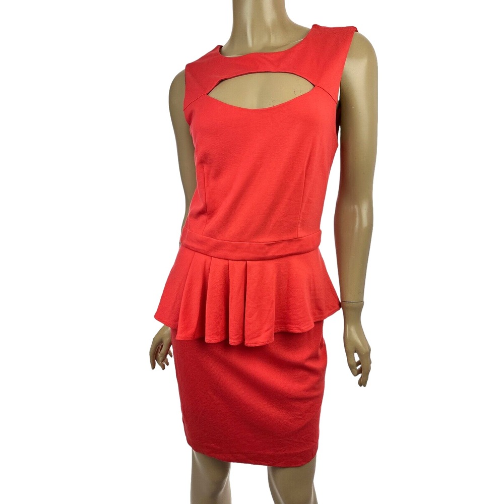 bebe Red Peplum Dress Size M Open Slit on Bodice Fitted Waist Straight Skirt